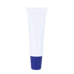 A white lip balm tube with a blue cap, featuring a brand logo.