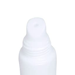 A white lip balm tube with a pointed top and a visible opening, featuring a branding logo.