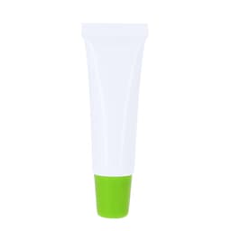 A white lip balm tube with a green cap, featuring a simple design and a branding logo.