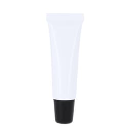 A white lip balm tube with a black cap, featuring a simple, clean design.