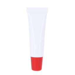 A white lip balm tube with a red base, featuring a small branding logo on the front.