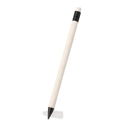 A grey-lead pencil with a black tip and grip, featuring a plain white barrel and a logo at the top.
