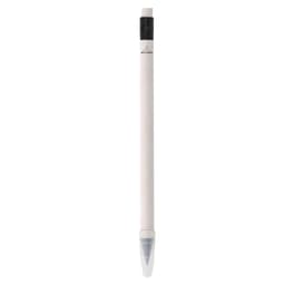 A grey lead pencil with a white body and a clear plastic tip. The pencil features a branding logo at the top.