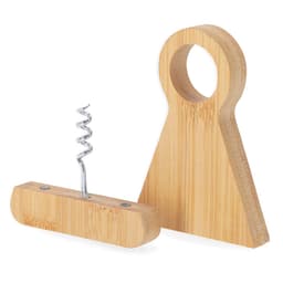 A drink bottle opener made of bamboo, featuring a corkscrew and a handle, showcasing a natural wood finish.