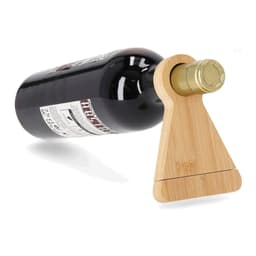 A drink bottle with a wooden bottle opener attached, featuring a dark bottle with a label.