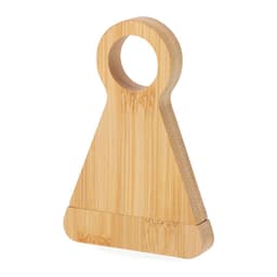 A bamboo bottle opener with a triangular shape and a circular handle. It features a natural wood finish.