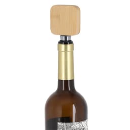 A drink bottle opener made of bamboo and metal, featuring a square top and a sleek design.