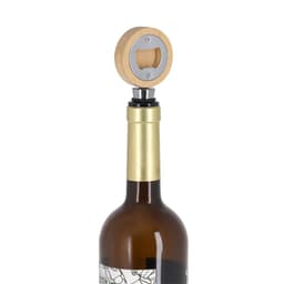 A drink bottle opener featuring a wooden top and metal base, designed to fit standard bottle necks.