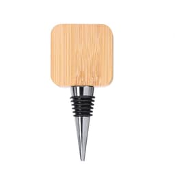 A drink bottle opener featuring a bamboo top and a metallic base, suitable for use with a variety of bottles.