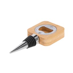 A drink bottle opener made of bamboo and metal, featuring a sleek design with a silver bottle opening area.
