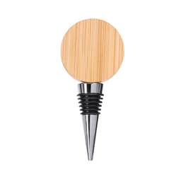 A drink bottle opener with a circular bamboo top and a metallic base, showcasing a sleek, natural design.