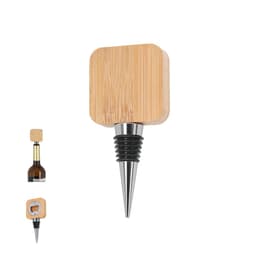 A bamboo bottle opener featuring a square top and a metal spout, designed for drink bottles.