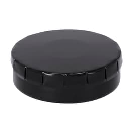 A round black tin with a smooth surface and subtle ridges along the edge, featuring a logo on top.