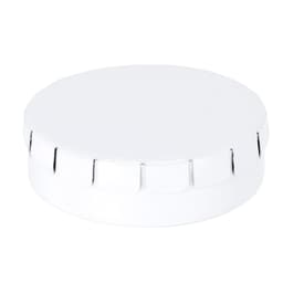 A shiny, silver, circular tin lid featuring subtle grooves around the edge, designed to fit a similar-sized container.