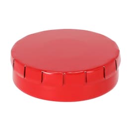 A red bottle cap with ridged edges, featuring a smooth top surface. It has a shiny finish and a round shape.