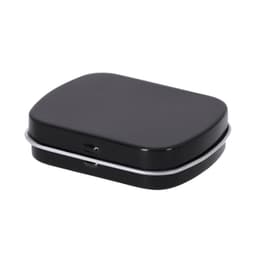 A black metal tin container with a silver rim, suitable for holding mints or similar confectionery items.
