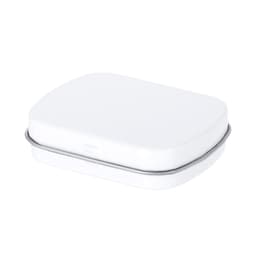 A rectangular white tin container with a metal rim, designed for holding mints.