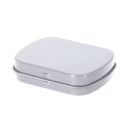 A silver mint tin with a smooth, metallic finish, featuring a hinged lid and a minimalist design.