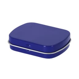 A blue mints tin with a rounded rectangular shape and a metal clasp closure.