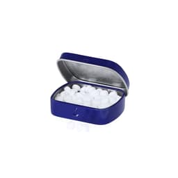 A metal tin in blue, opened to reveal white mints inside.