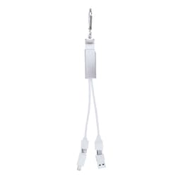 A USB charging hub in white, featuring dual connectors and a carabiner clip for easy attachment.