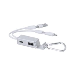 A silver multi-port USB hub with a carabiner, featuring USB-C and USB connectors.