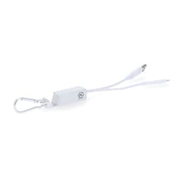 A white USB hub with a carabiner clip, featuring multiple connection ports. It has a branding logo.
