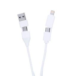 A USB hub featuring a white design with USB and Lightning connectors, equipped with a branding logo.