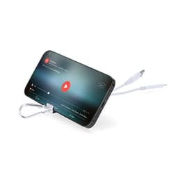 A sleek black phone is propped up with a USB cable attached, featuring a simple carabiner clip.