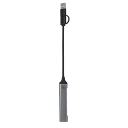 A grey USB drive with a built-in cable, featuring a logo, suitable for technology use.