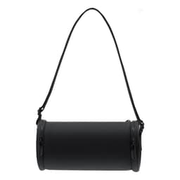 A cylindrical black bag with a shoulder strap, featuring a zipper closure and a sleek design.
