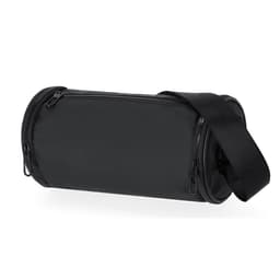 A cylindrical black bag with zippers and a shoulder strap, featuring a simple design and a logo.