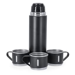 A drink bottle in black with a silver lid, accompanied by three matching black mugs. The bottle has a logo.
