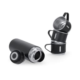 A drink bottle in black, accompanied by three black mugs stacked together, all featuring metallic interiors and a logo.