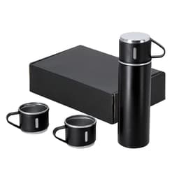 A drink bottle and two matching cups in black, all packaged in a black box, featuring a logo.