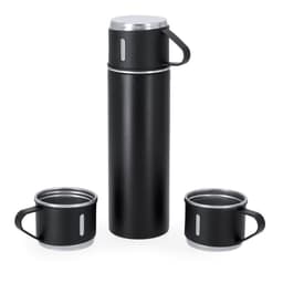 A drink bottle in black with two matching mugs, featuring silver accents and handles. The set includes a logo.