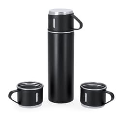 A drink bottle in black with a silver lid, accompanied by two matching black mugs. Each item has a handle and a logo.