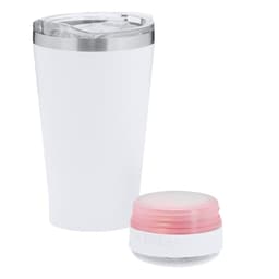 A drink bottle and a small container, featuring a white insulated cup with a clear lid and a pink-topped jar.