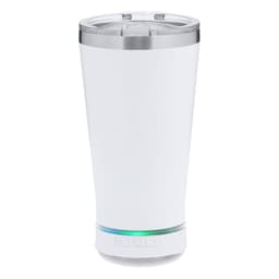 A white insulated travel mug with a stainless steel rim and a built-in speaker at the base, featuring a logo.