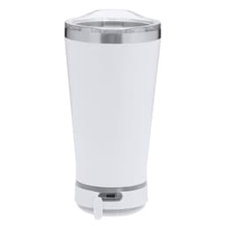 A white insulated travel mug with a silver band at the top and a clear lid, featuring a logo.