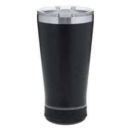 A black insulated travel mug with a silver band around the top and a clear lid, featuring a logo.
