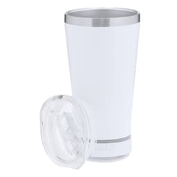 A white insulated travel mug with a stainless steel base and a clear lid. It features a logo on the side.