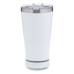 A travel mug in white with a transparent lid and a silver base, featuring a logo at the bottom.