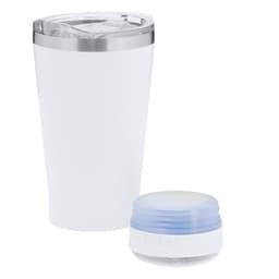 A white insulated cup with a clear lid beside a small blue speaker. Features a logo on the cup.