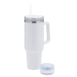 A white insulated travel mug with a handle and a straw, accompanied by a small speaker with a logo.