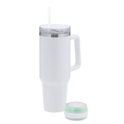 A white insulated travel mug with a straw, featuring a handle and a detachable Bluetooth speaker base.