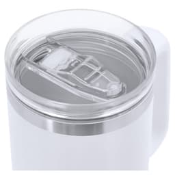 A drink bottle with a white finish, clear lid, and stainless steel detailing. Features a logo on the front.