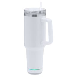 A white insulated travel mug with a handle, a straw, and a built-in Bluetooth speaker at the base.