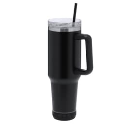 A black insulated travel mug with a handle, a clear lid, and a straw. Features a logo on the side.