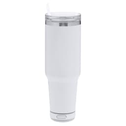 A drink bottle with a white exterior, clear lid, and straw. It features a branding logo on the side.